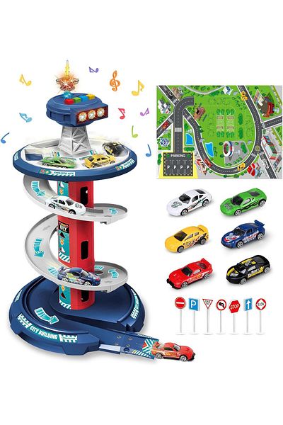 rexa Car Garage Play Set for Boys – Parking Tower with 3 Cars, Light & Sound, Racing Ramp Track Toy