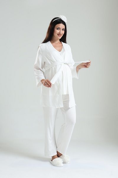 Pelin Women's Tuba Ecru Adjustable Waisted Maternity Maternity 3-Piece Pajama Set with Hidden Breastfeeding Feature
