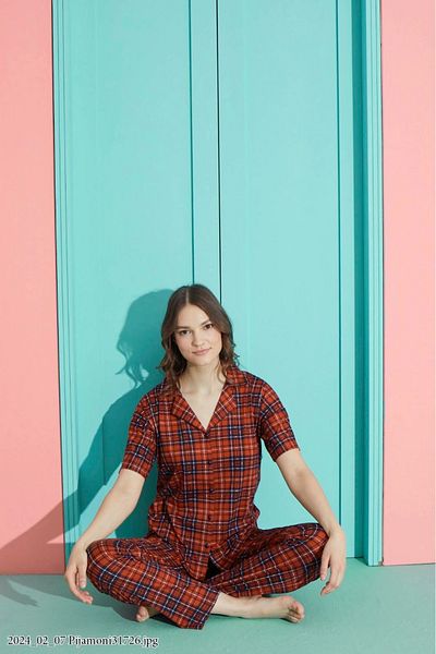 Pijamoni Women's E. Red Milan Fabric Front Button Shirt Collar Pajama Set – 7515
