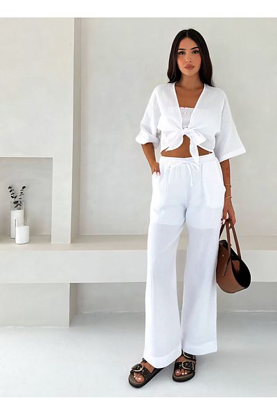 Noa Noa Tie Detailed Muslin Fabric Trousers Blouse Set