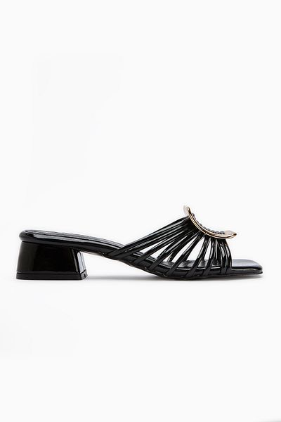 Limoya Greta Black Patent Leather Thick Buckle Low Heeled Women's Slippers