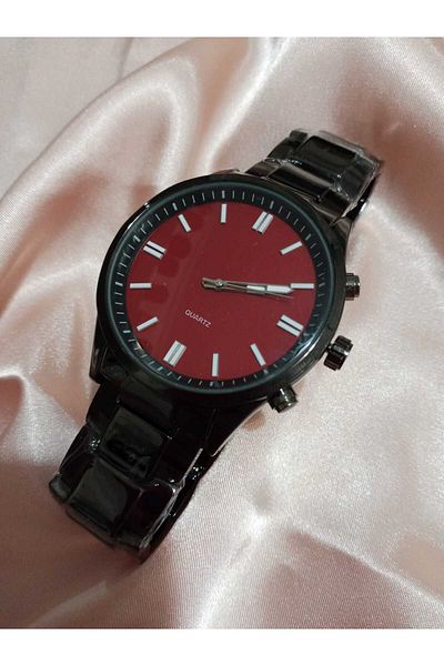 Brality Men's Wrist Watch .. Black Steel Band .. Black Color Case- Burgundy Color Dial 6077