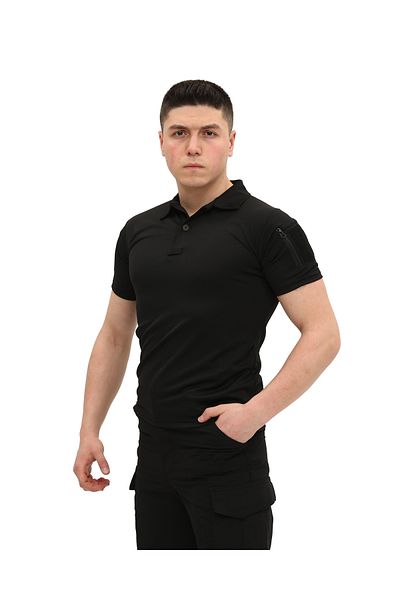 SINGLE SWORD Regular Fit Polo Neck Short Sleeve Men's Tactical Black T-Shirt/T-Shirt