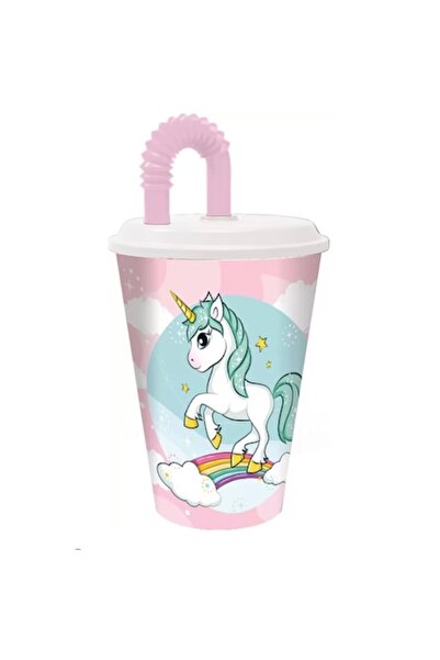 OEM Πλαστικό ποτήρι με καλαμάκι Unicorn, 430 ml, ροζ