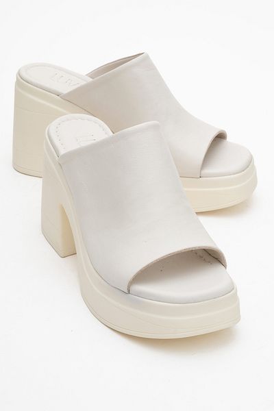 LuviShoes Nola Ecru Skin Genuine Leather Women's Platform Heeled Slippers