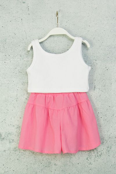 DMB BOYS & GIRLS 2-Piece Girl's Set with Suspender Blouse and Shorts Combination and Elastic Waist