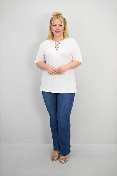 Koza Butik Women's Plus Size Short Sleeve Collar Piping Detailed Blouse 1970-25