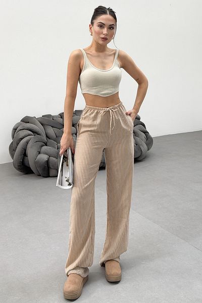 Sun Victoria Women's Brown Linen Trousers with Elastic Waist