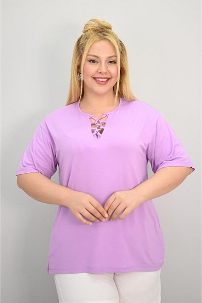 Koza Butik Women's Plus Size Short Sleeve Collar Piping Detailed Blouse 1970-25