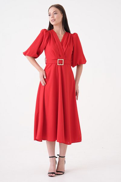 vuvutasarım New Season Stretch Fabric Double Breasted Collar Stone Belt Design Women's Midi Dress 3602