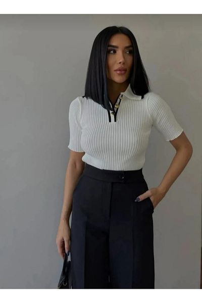 DAMGA Collection Ribbed Buttoned Double Polo Neck Knitwear Blouse