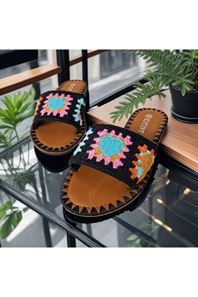 OEM Women's slippers with crochet pattern, made of textile material, 1133black