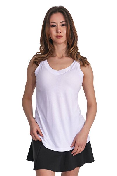 Duss White Sleeveless V-Neck T-Shirt
