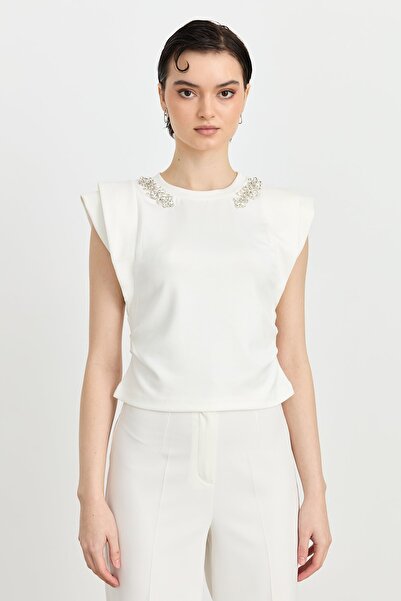 Nihan Yakası Taşlı Sıfır Yaka Kısa Kol Bluz Ekru