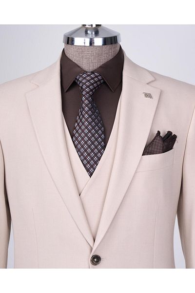 TerziAdemAltun Classic Cut Regular Fit Jacket Vest Pantalon Suit Beige T12610