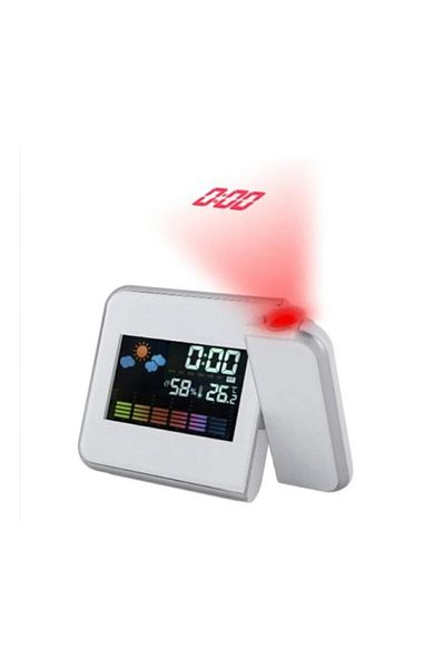 JEWELORA Stație meteo digitală cu ceas, calendar, proiector laser, afișaj LCD de 3,7", alb - Alb