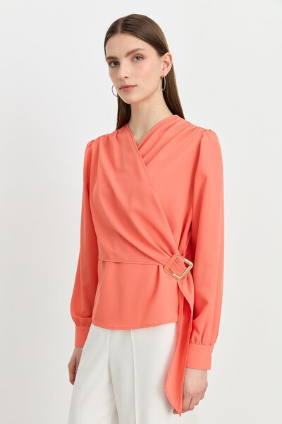 Nihan Büzgü Detaylı V Yaka Şık Bluz Oranj