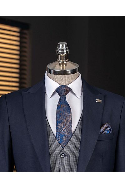TerziAdemAltun Italian Style Combination Suit Jacket Vest Pant Navy Blue T14354