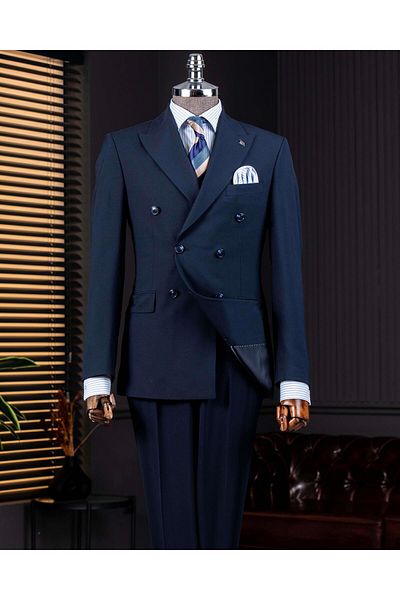 TerziAdemAltun Italian Style Double-Breasted Jacket Pants Suit Navy Blue T14116