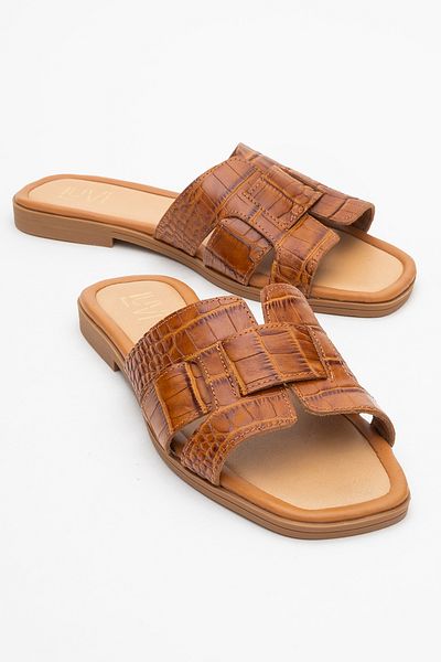 LuviShoes Notre Tan Print Genuine Leather Women's Slippers