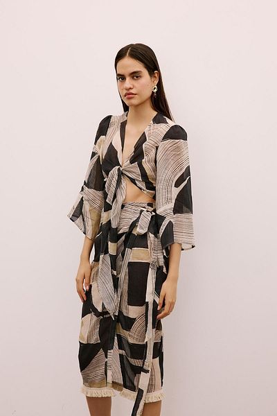 Rue Studio Tassel Detailed Patterned Black Pareo
