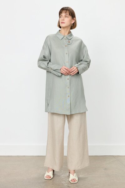 Nihan Kol Detaylı Oversize Keten Tunik Mint