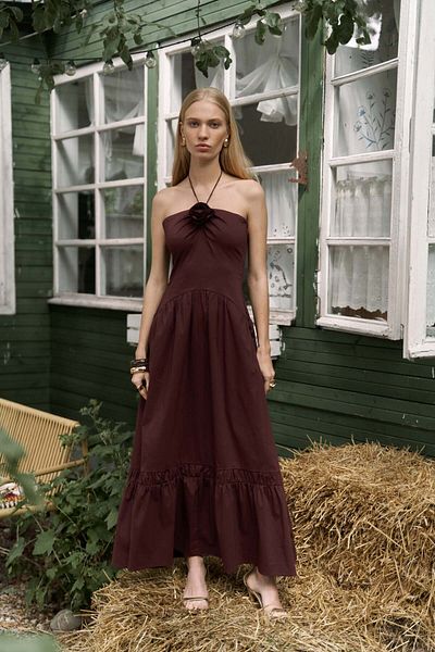 BOHEMAİ Elisa Rose Detail Burgundy Long Dress