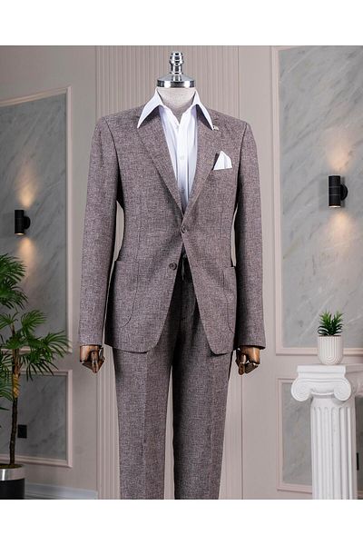 TerziAdemAltun Italian Style Slim Fit Mono Collar Jacket Pants Suit Beige T14365