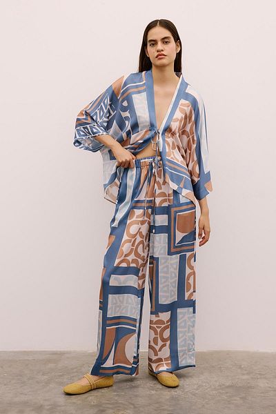 Rue Studio Patterned Long Indigo Trousers with Lace Detail