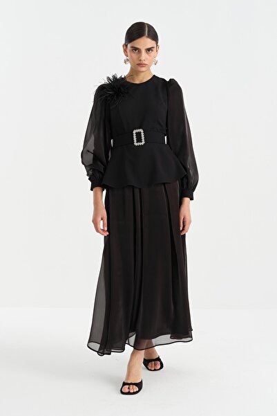 Nihan Taş Kemerli Etek Bluz Takım Siyah