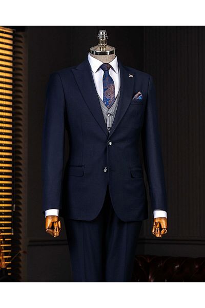 TerziAdemAltun Italian Style Combination Suit Jacket Vest Pant Navy Blue T14354