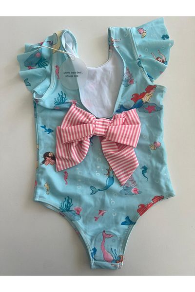 Petityu Costum de baie pentru acvariu sirenă albastru Costum de baie pentru fete cu uscare rapidă cu detaliu fundă pe spate