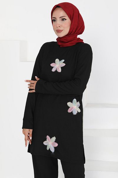 TOFİSA Flower Detailed Double Suit Black - 27371