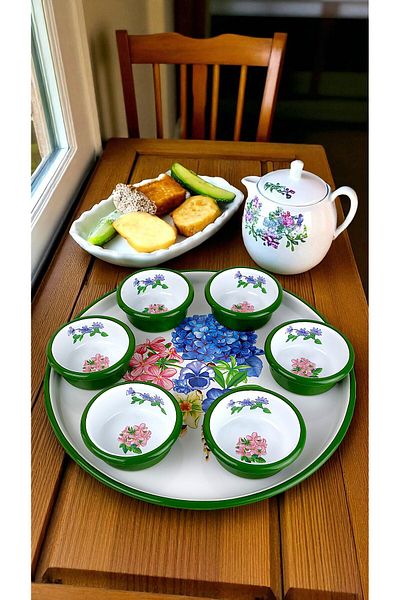 İnci Emaye 7 Piece Medium Size Patterned Enamel Breakfast Set, Presentation, Breakfast Plate, Jam Bowl, Olives, Cheese Plate
