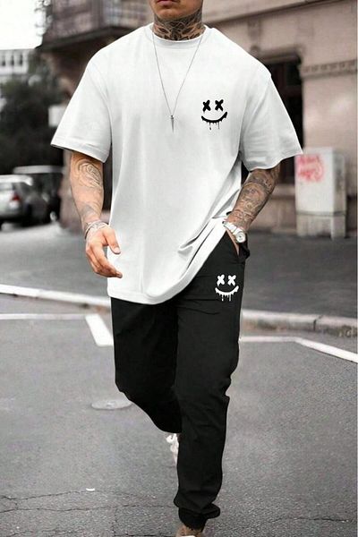 NO 601 Men's White Oversize Tshirt Xsmiley Printed Black Summer Tracksuit Bottom Top Set