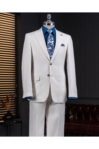 TerziAdemAltun Italian Style Slim Fit Mono Collar Jacket Pants Suit Ecru T14293
