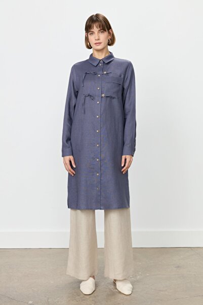 Nihan Fiyonk ve Cep Detaylı Keten Tunik İndigo