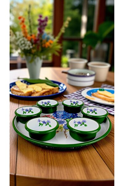 İnci Emaye 7 Piece Medium Size Patterned Enamel Breakfast Set, Presentation, Breakfast Plate, Jam Bowl, Olives, Cheese Plate