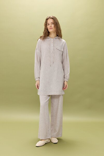 Nihan Cep Detaylı Keten Pantolon Tunik Takım Vizon
