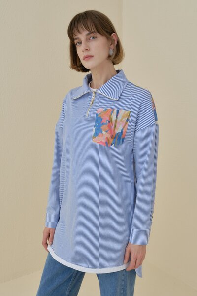 Nihan Fermuar Detaylı Kumaş Garnili Çizgili Pamuk Tunik İndigo