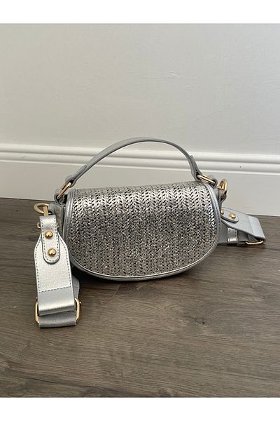 Lunova Silver Women's Straw Half Moon Model Hand and Shoulder Bag
