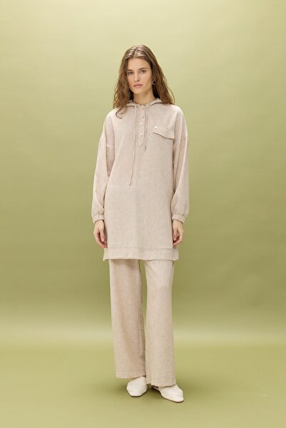 Nihan Cep Detaylı Keten Pantolon Tunik Takım Bej
