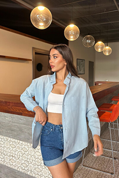 BİKELİFE Dámská oversize lněná košile s texturou a jednou kapsou