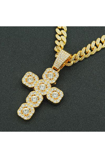 Tessero Cuban Chain Necklace with Hip Hop Diamond Iced Out Cross Pendant, Zirconia Stones, 18K Gold Plated,