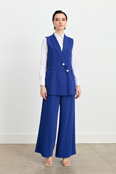 Nihan Kemer Detaylı Pantolon Yelek Takım İndigo