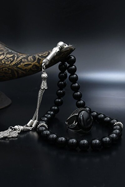 Prestige Doğal Oniks Taşlı Tesbih Ve 925 Ayar Gümüş Yüzük Oniks Taşlı Hz. Ali...