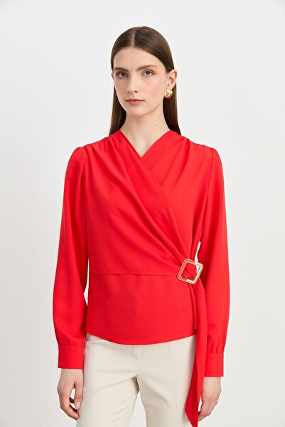 Nihan Büzgü Detaylı V Yaka Şık Bluz Mercan