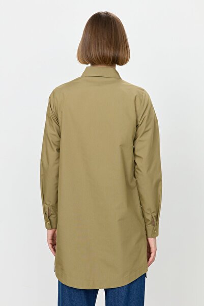 Nihan Metal Aksesuarlı Gömlek Yaka Pamuk Tunik Haki