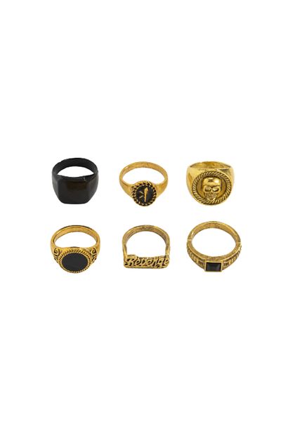Tessero Set of 6 different models of Punk rings, gunpowder type, unisex, skull, silver plated, Tesse