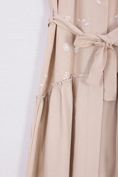 By Mare Style AFRODILE-Maxi Keten Pamuk Bej Elbise